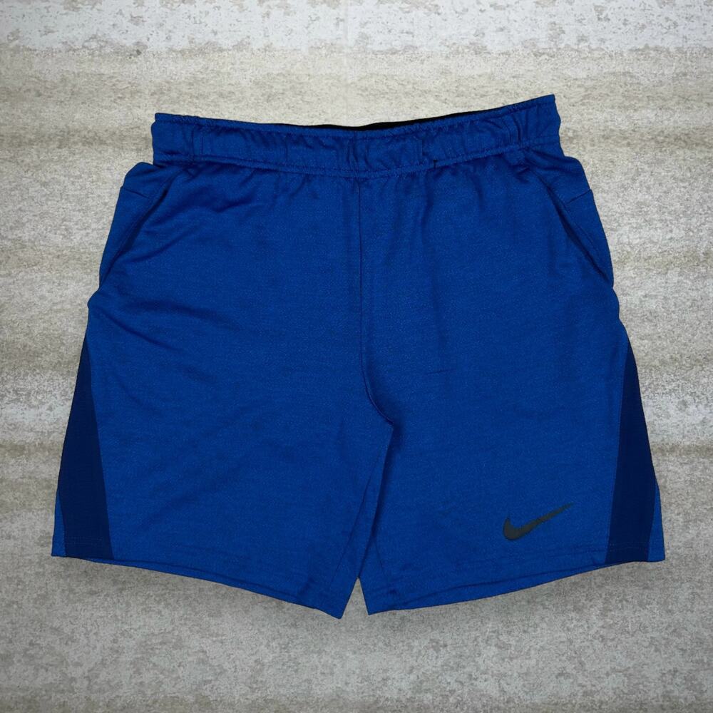 Vintage Y2K Nike Gym Shorts Mens M Royal Blue Polyester Black Swoosh 8" Inseam
